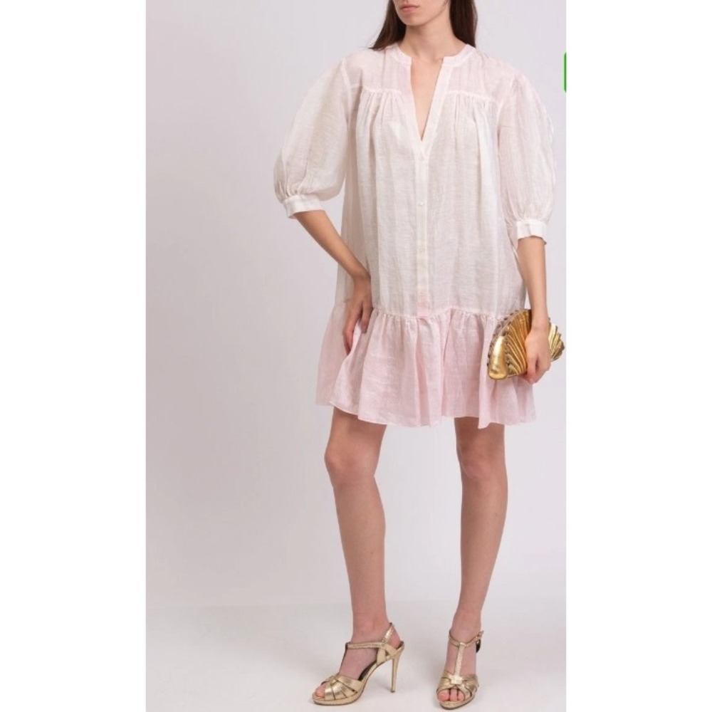 Sandro Dress Womens 34 Pink White Dip Dye Linen Blend Mini Babydoll SFPRO02991